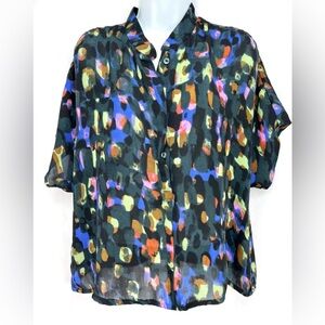 CAbi Colorful Short Sleeve Blouse Watercolor Print
